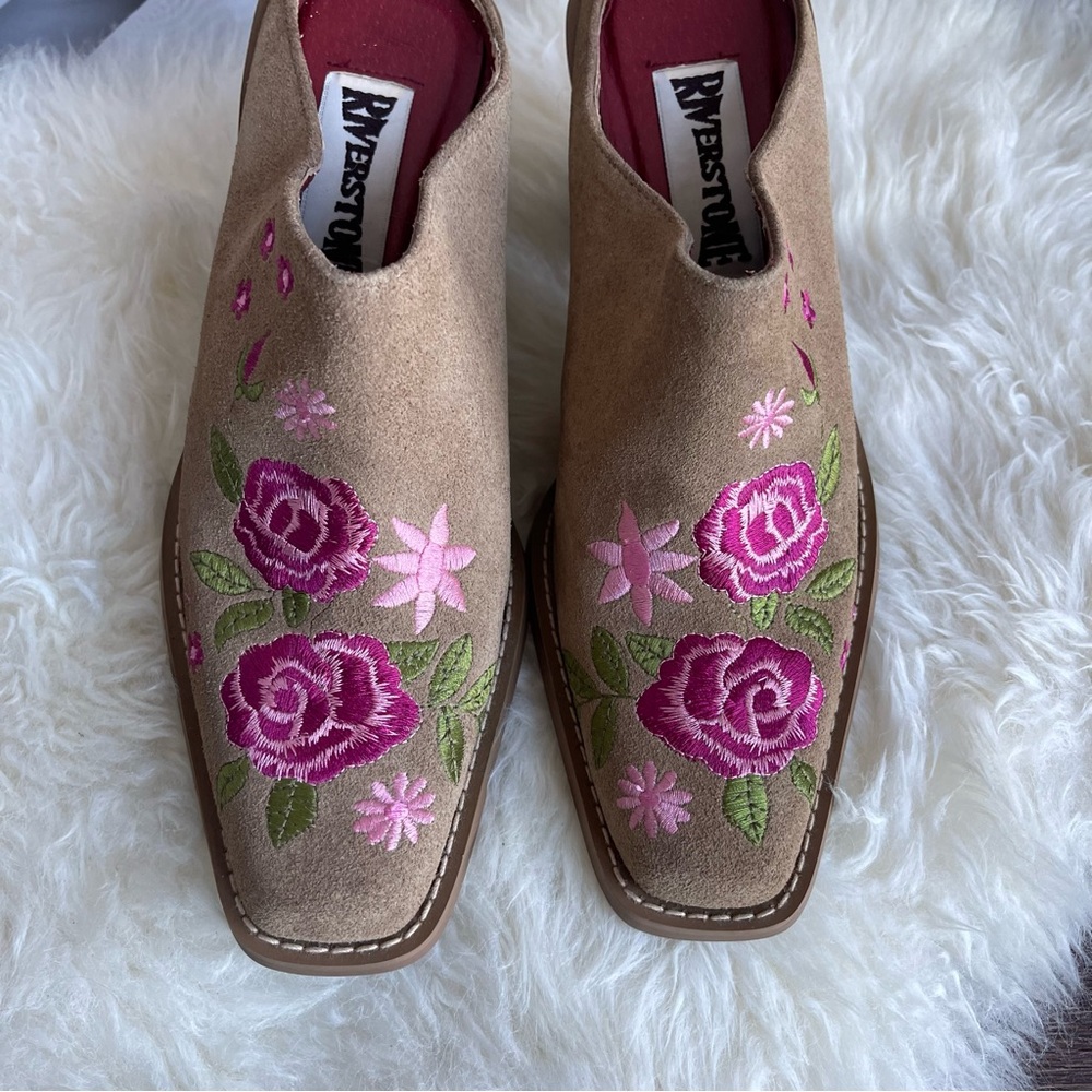 Riverstone Y2K Western Roses Square Toe Leather Mules Block Heels 7B Coachella - Picture 3 of 8